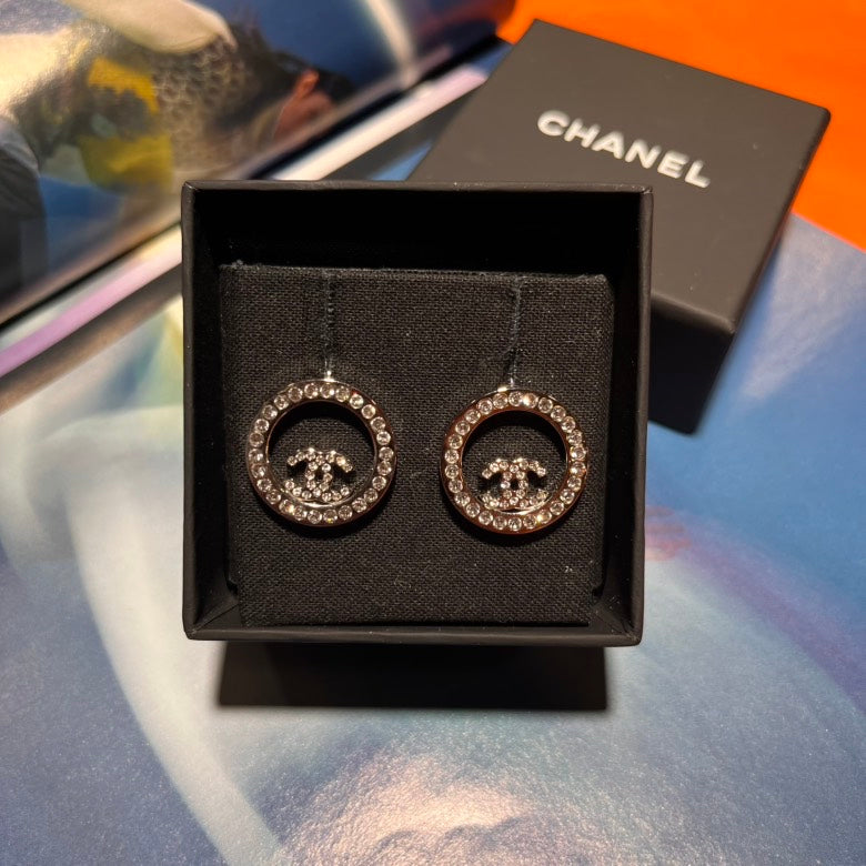 Chanel Crystal Logo Earrings Silver Tone