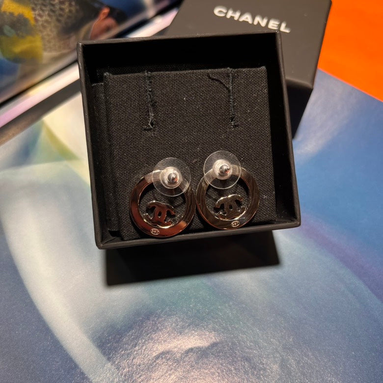 Chanel Crystal Logo Earrings Silver Tone