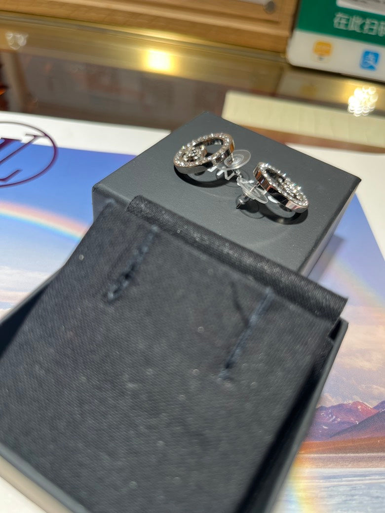 Chanel Crystal Logo Earrings Silver Tone