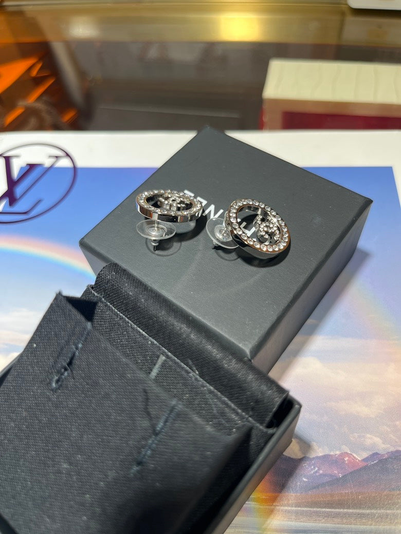 Chanel Crystal Logo Earrings Silver Tone