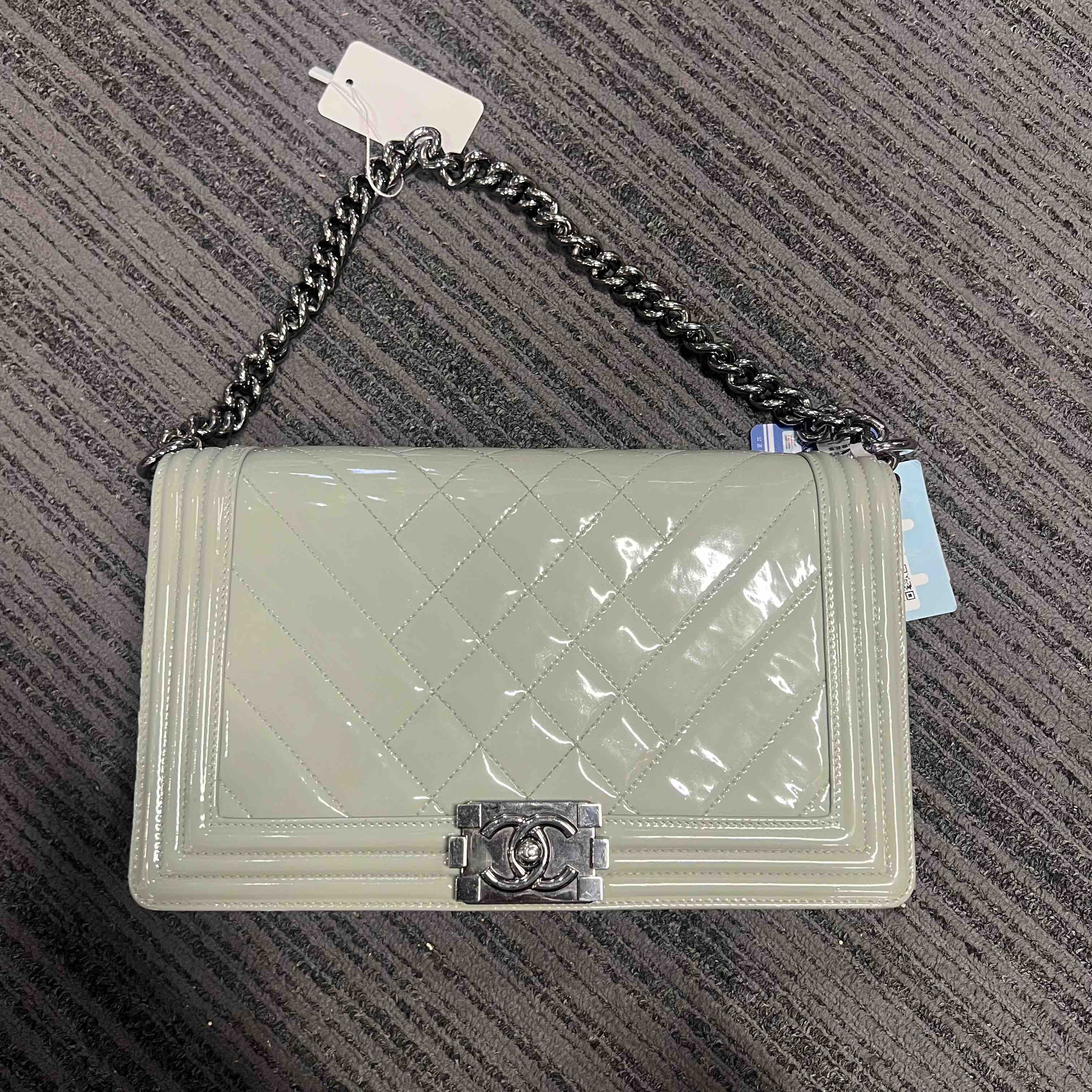 Chanel Le Boy Shoulder Bag Grey Patent Leather