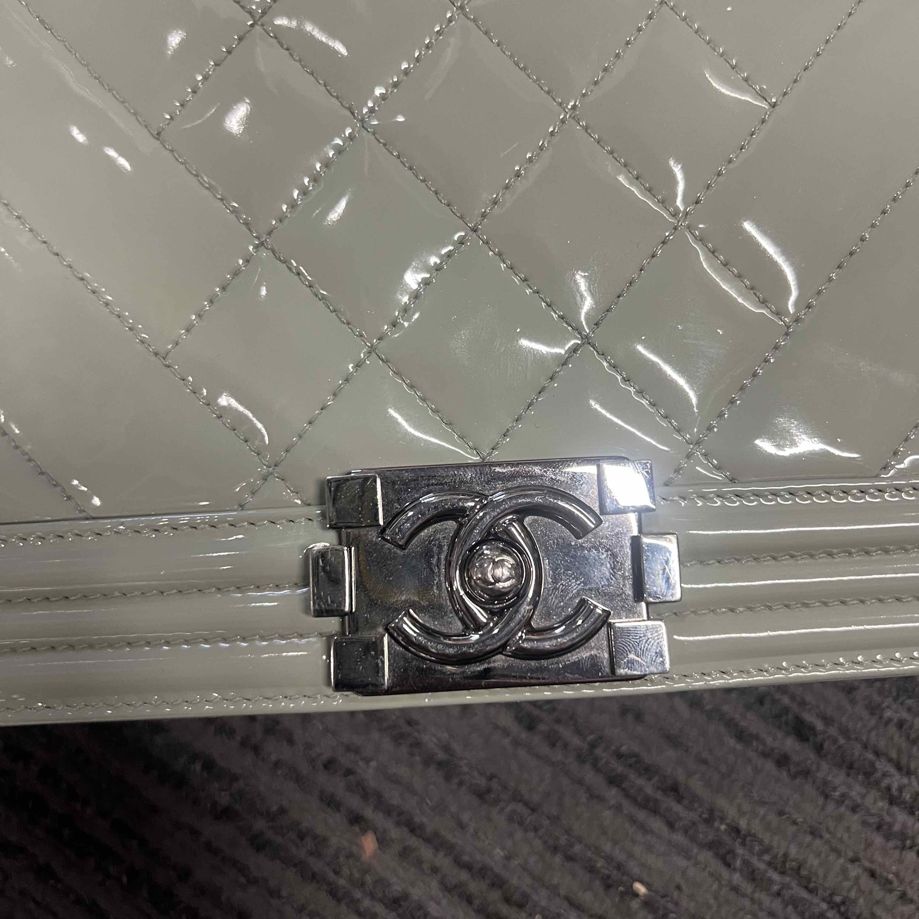 Chanel Le Boy Shoulder Bag Grey Patent Leather