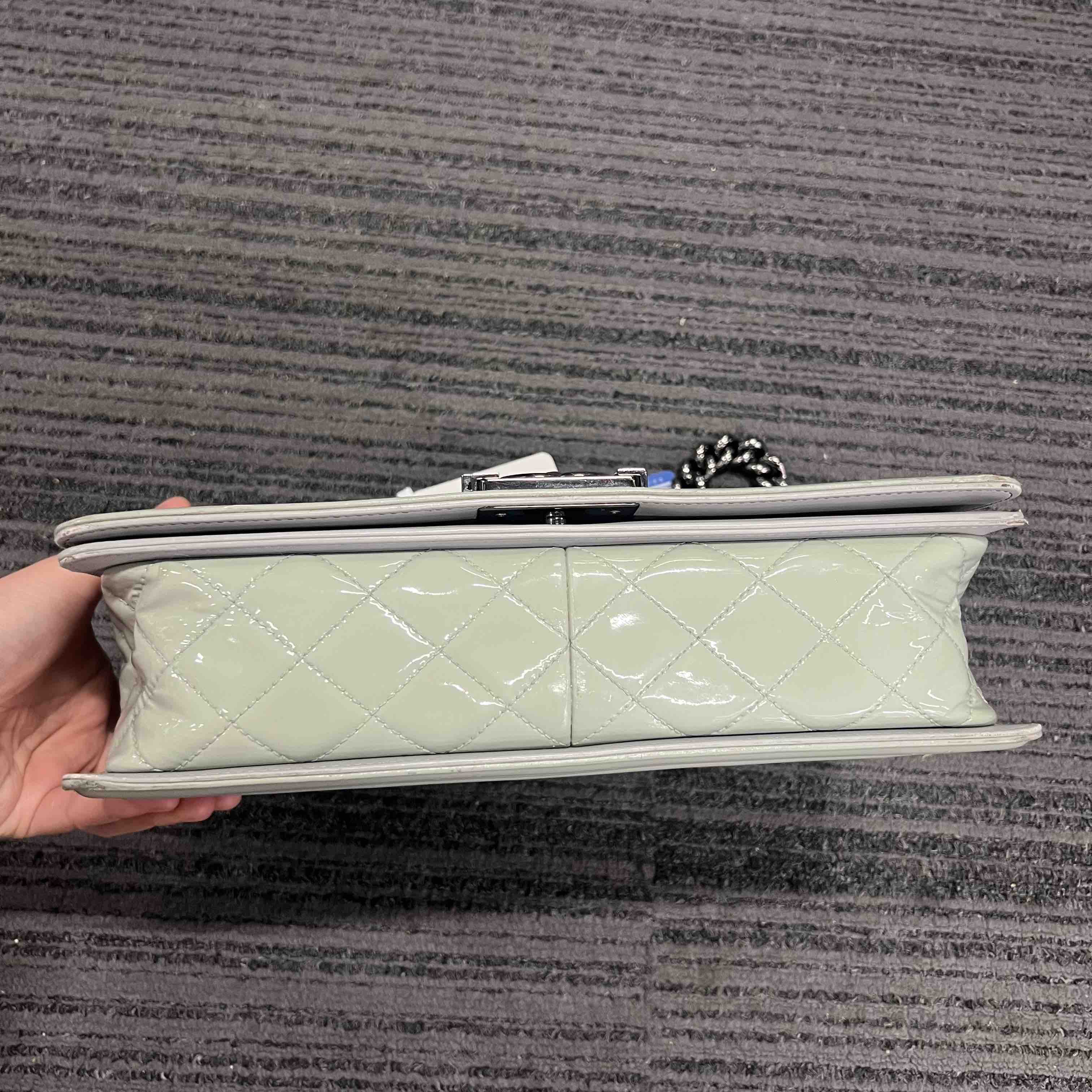 Chanel Le Boy Shoulder Bag Grey Patent Leather