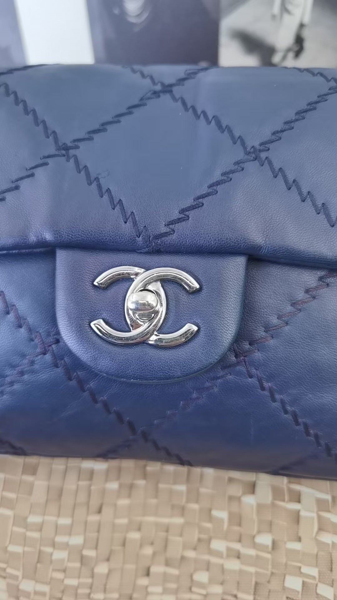 Chanel CF Medium Quilted Shoulder Bag in Navy Leather