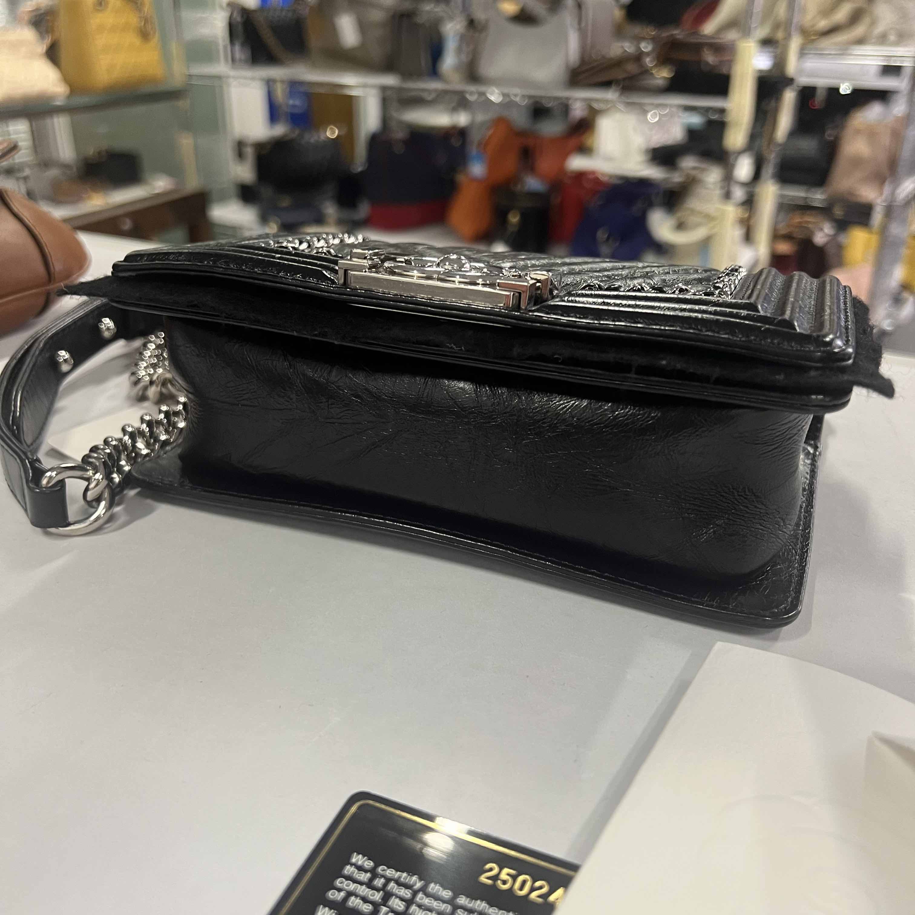 Preloved Chanel Le Boy Black Leather Shoulder Bag with Silver Hardware