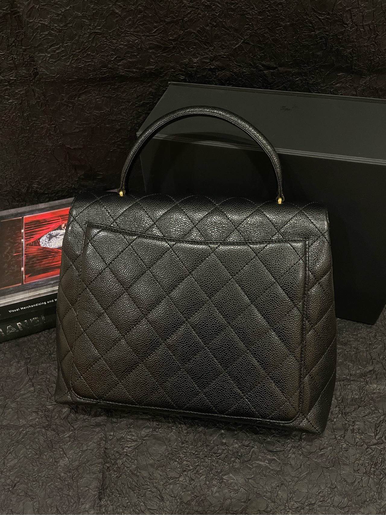 Chanel Vintage Black Gold Caviar Kelly 30 Handle Bag