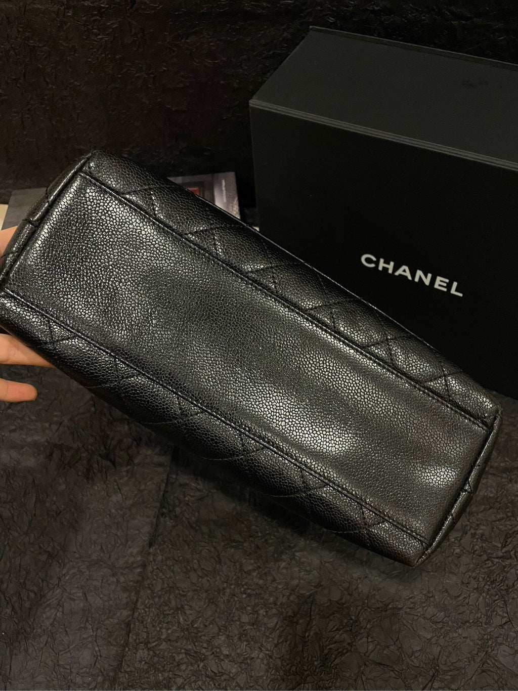 Chanel Vintage Black Gold Caviar Kelly 30 Handle Bag