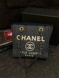 Chanel Almost New Navy Blue & White Bench Tote Bag S Size #17 with Card