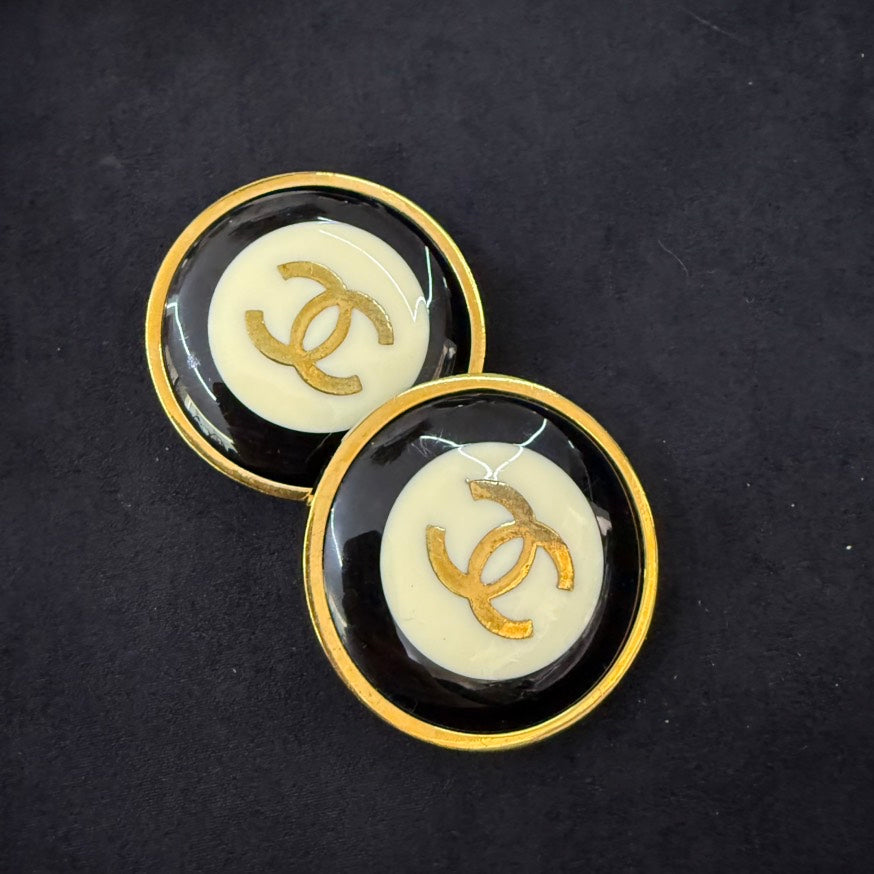 Chanel Vintage 93P TKB Black Gold Clip-on Earrings