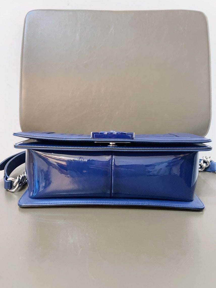 Chanel Le Boy Patent Leather MM Blue Shoulder Bag with Card