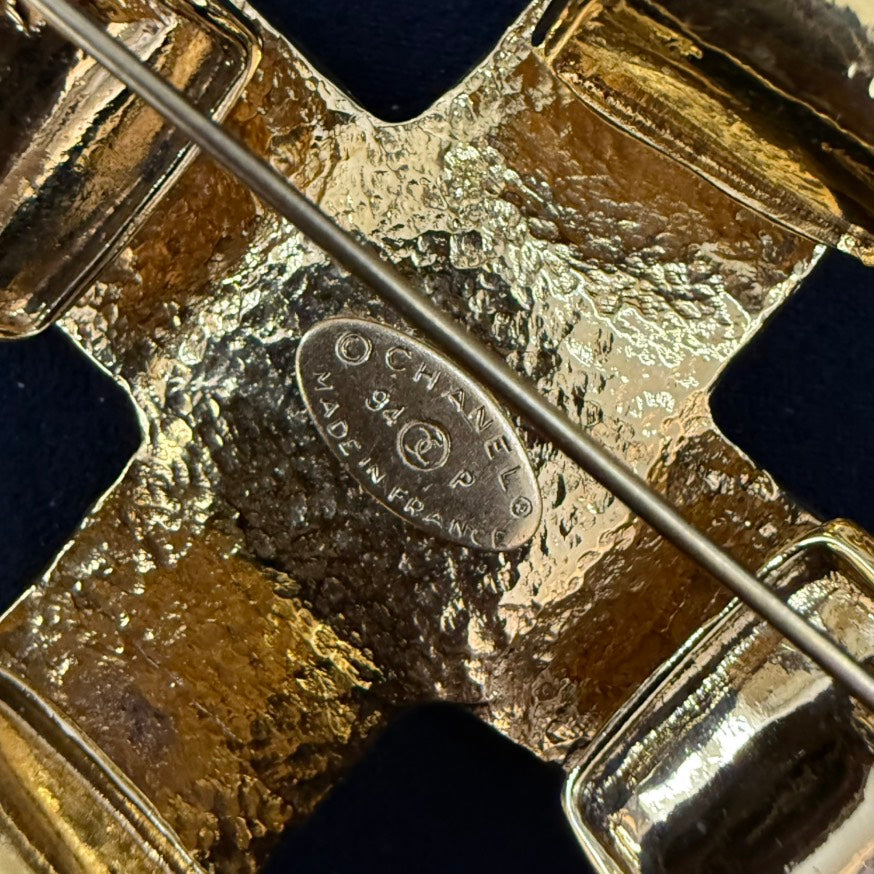 Chanel Vintage Coco Cross Brooch 94P Gold Brooch