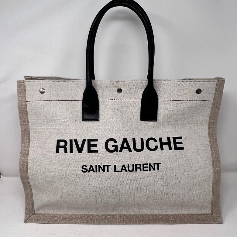 Preloved Saint Laurent YSL Rive Gauche Canvas & Leather Handbag in Ivory - Tote Bag