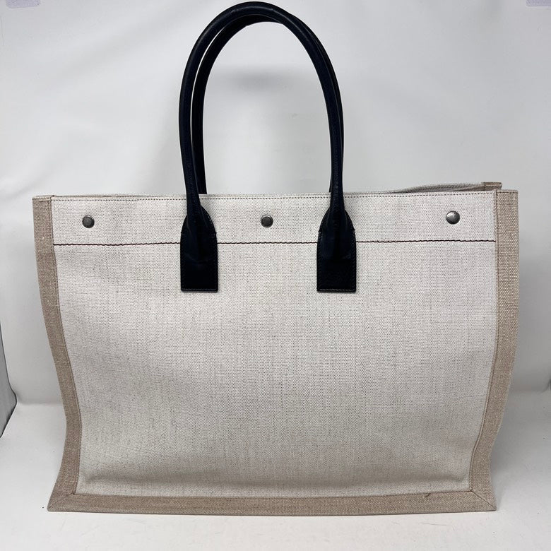 Preloved Saint Laurent YSL Rive Gauche Canvas & Leather Handbag in Ivory - Tote Bag