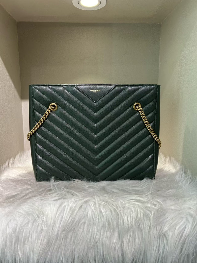 Pre-loved YSL Saint Laurent Large Green Leather Quilted Chain Shoulder Bag