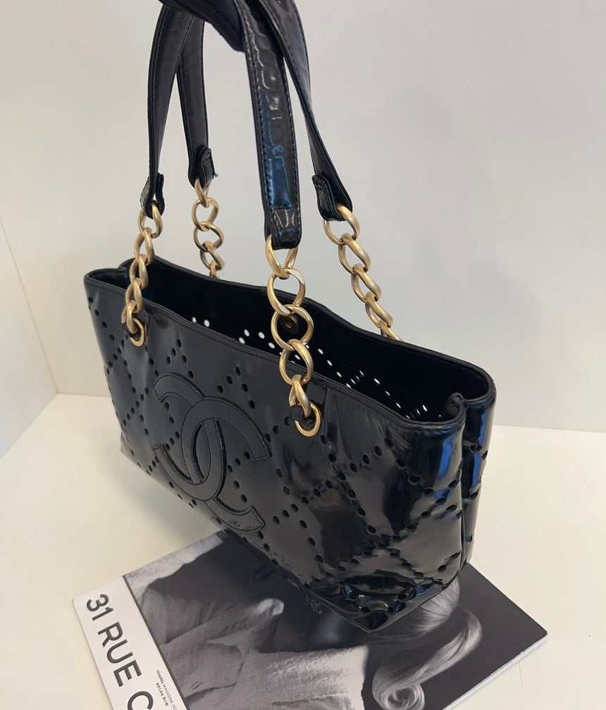 Chanel Timeless Black Patent Perforated Leather Tote Bag