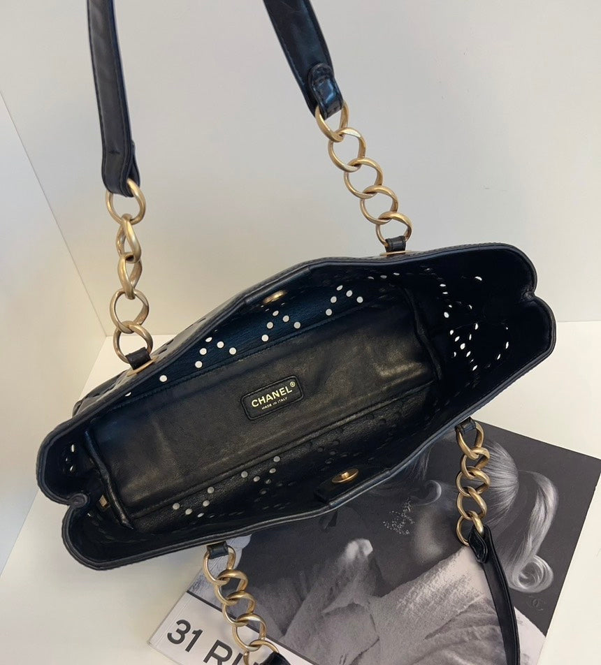Chanel Timeless Black Patent Perforated Leather Tote Bag