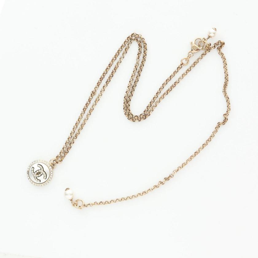 CHANEL Coco Mark Necklace GP Rhinestone Gold Clear Pendant Necklaces