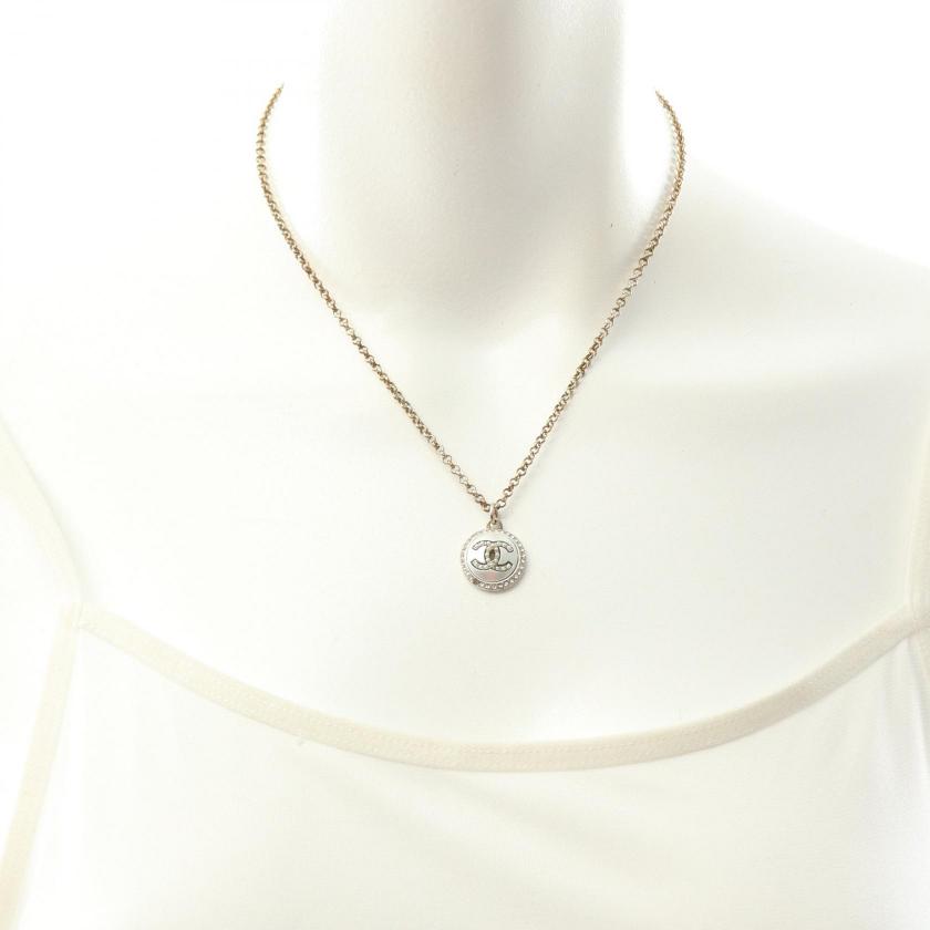 CHANEL Coco Mark Necklace GP Rhinestone Gold Clear Pendant Necklaces
