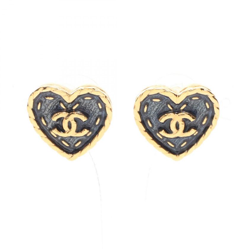 Chanel Coco Mark Heart Earrings Gold Navy