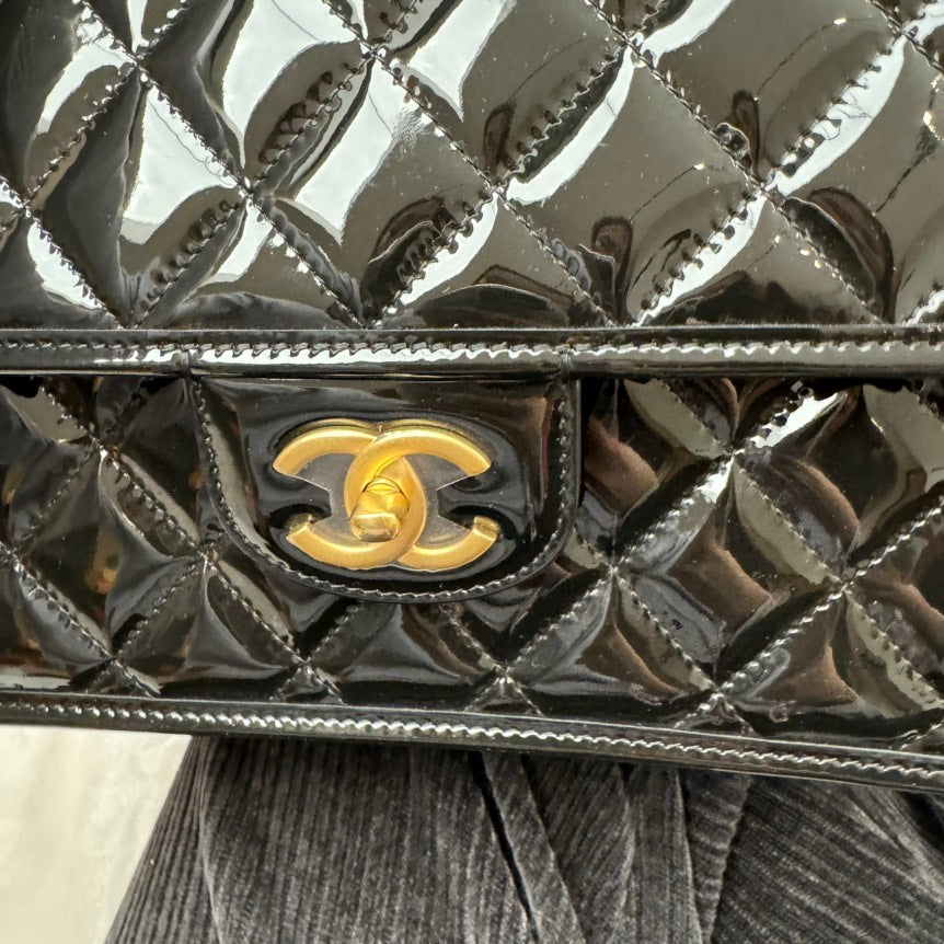 Chanel Quilted Black Patent Leather Satchel Bag