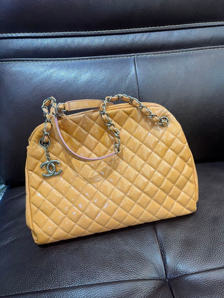 Pre-loved Chanel Quilted Patent Leather Tan Shoulder Bag