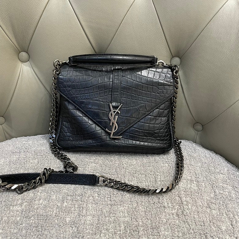 Saint Laurent Sunset Black Croc-Embossed Leather Shoulder Bag