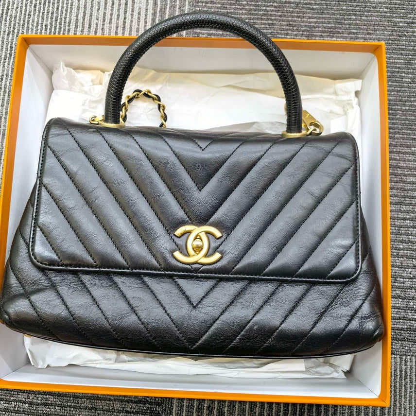 Chanel Preloved Coco Top Handle Bag in Black Quilted Leather