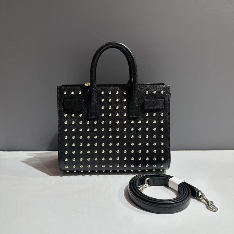 Saint Laurent Sac De Jour Black Leather Studded Shoulder Bag