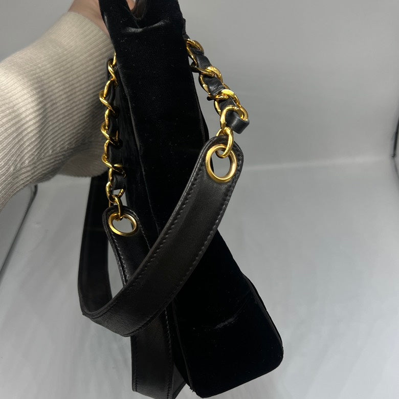Chanel Preloved Velvet & Leather Chain Shoulder Bag in Black