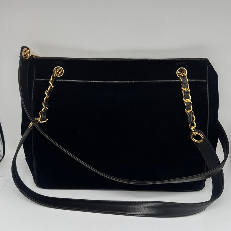 Chanel Preloved Velvet & Leather Chain Shoulder Bag in Black
