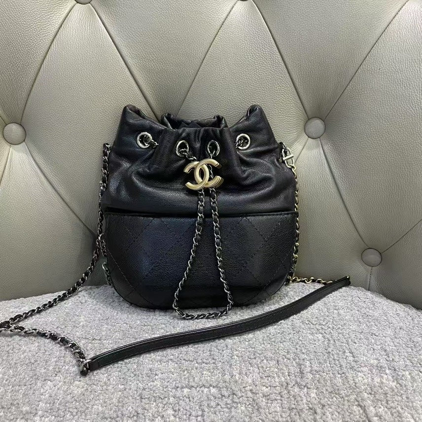 Chanel Preloved Gabrielle Black Leather Bucket Bag