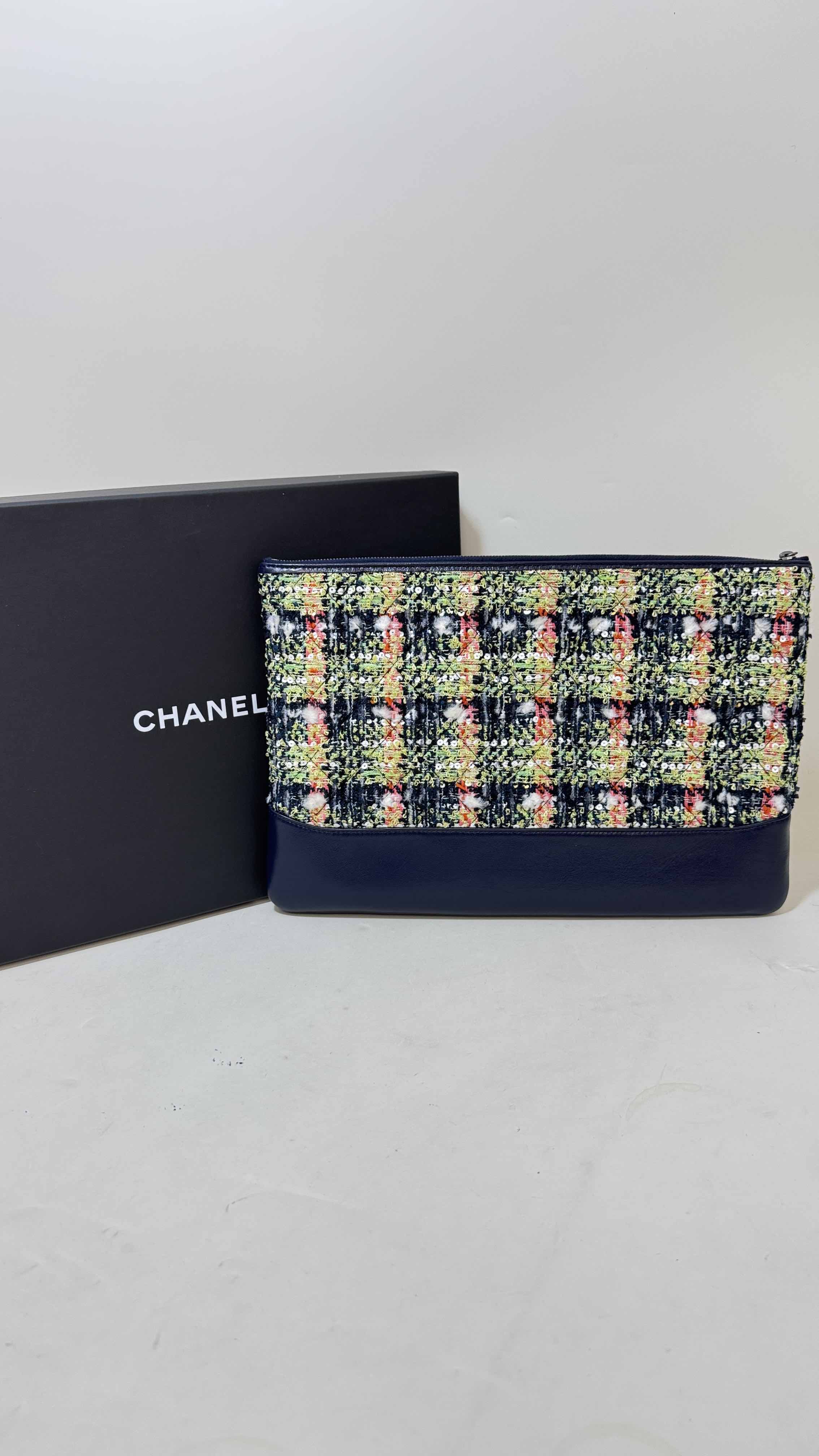 Chanel Tweed Navy Clutch - Preloved Full Set with Images