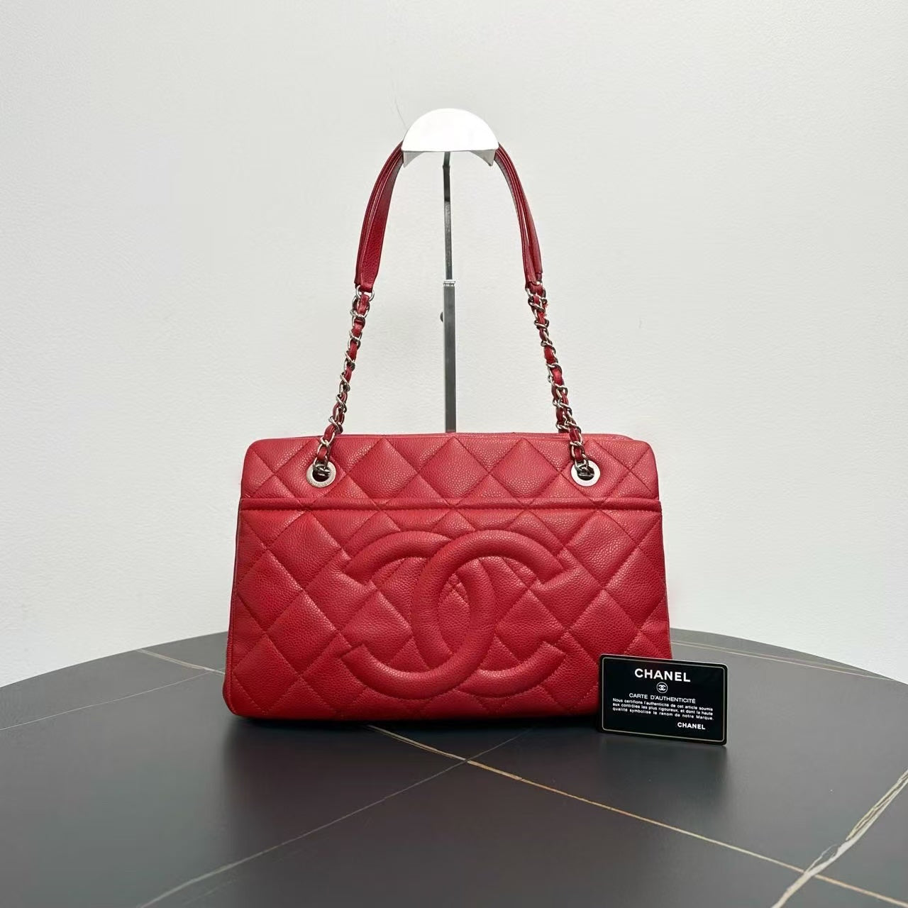 Chanel Quilted CC Logo Red Caviar Leather Tote Bag 2012-2013