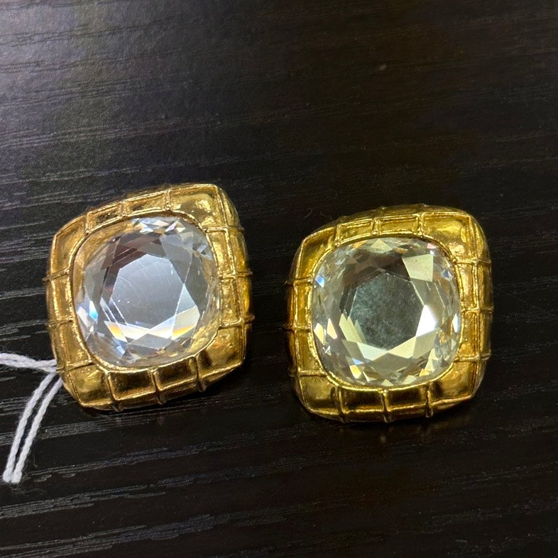 Chanel Vintage Gold Clear Crystal Ear Clips Earrings