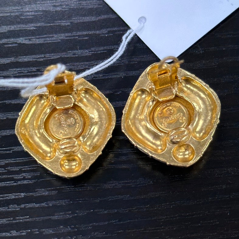 Chanel Vintage Gold Clear Crystal Ear Clips Earrings