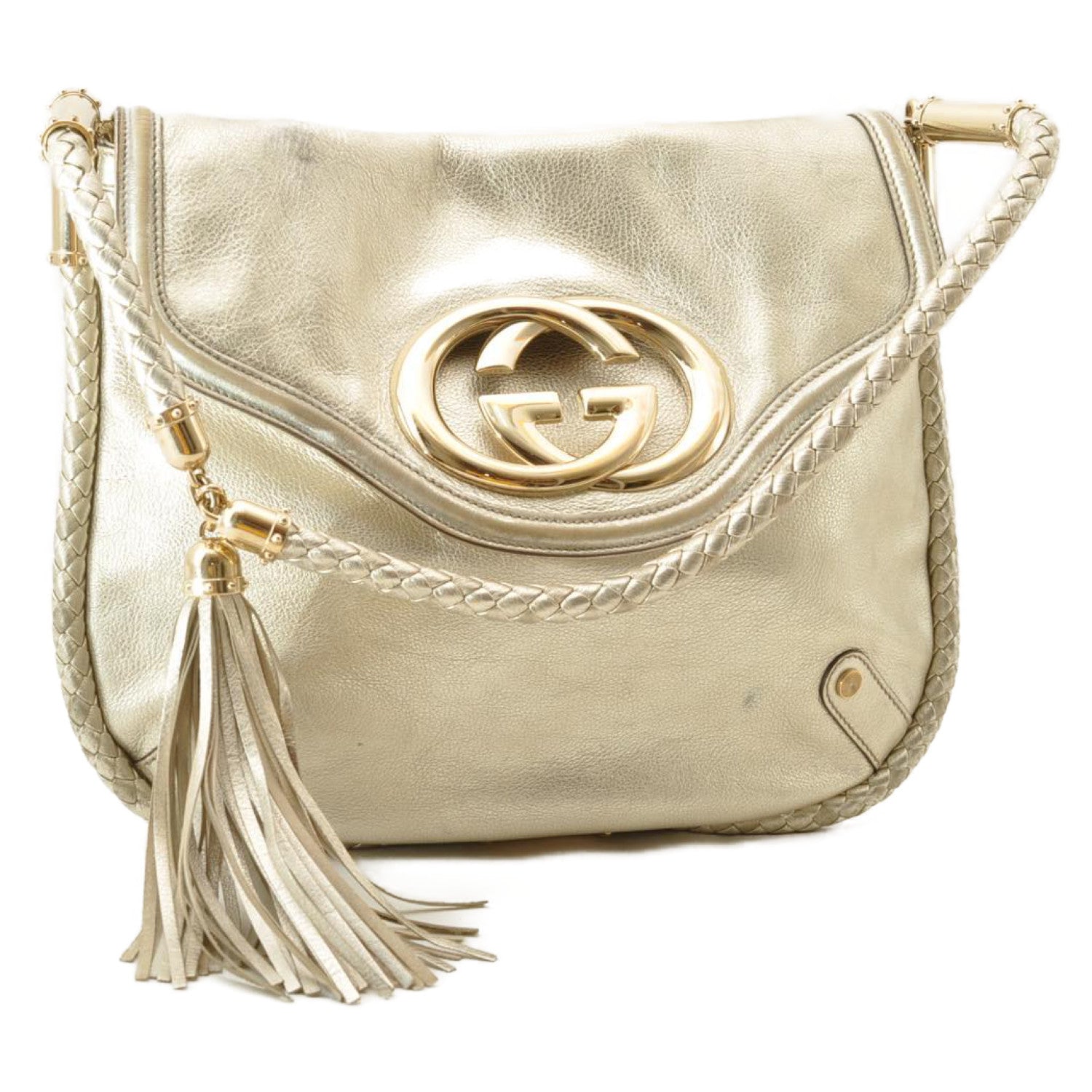 GUCCI Interlocking Fringe Shoulder Bag Leather Champagne Gold 167732 rd106