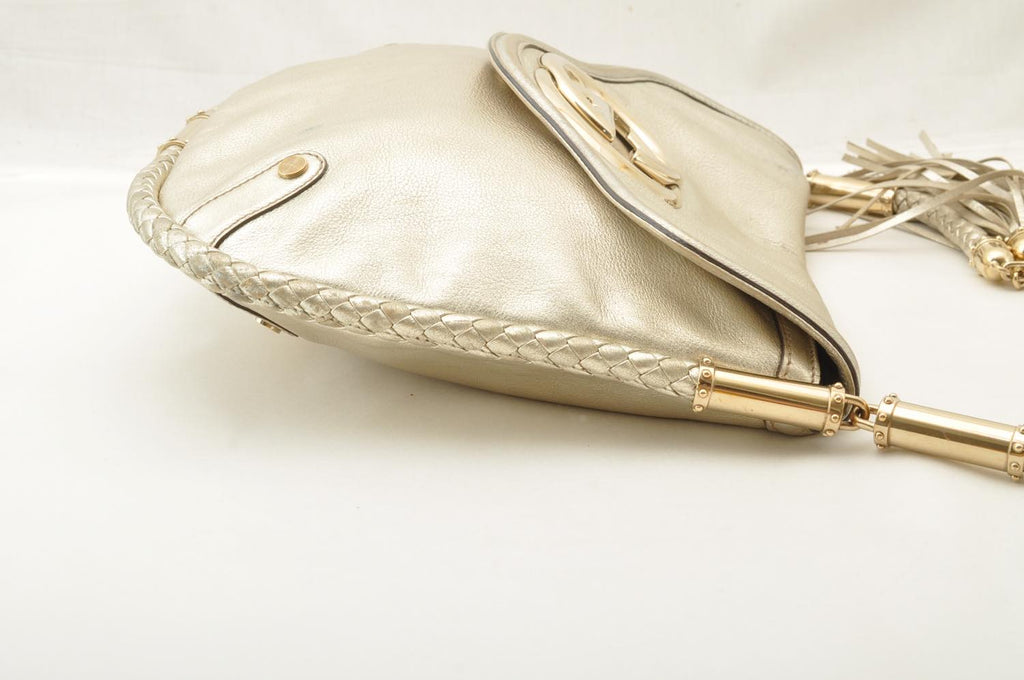 GUCCI Interlocking Fringe Shoulder Bag Leather Champagne Gold 167732 rd106