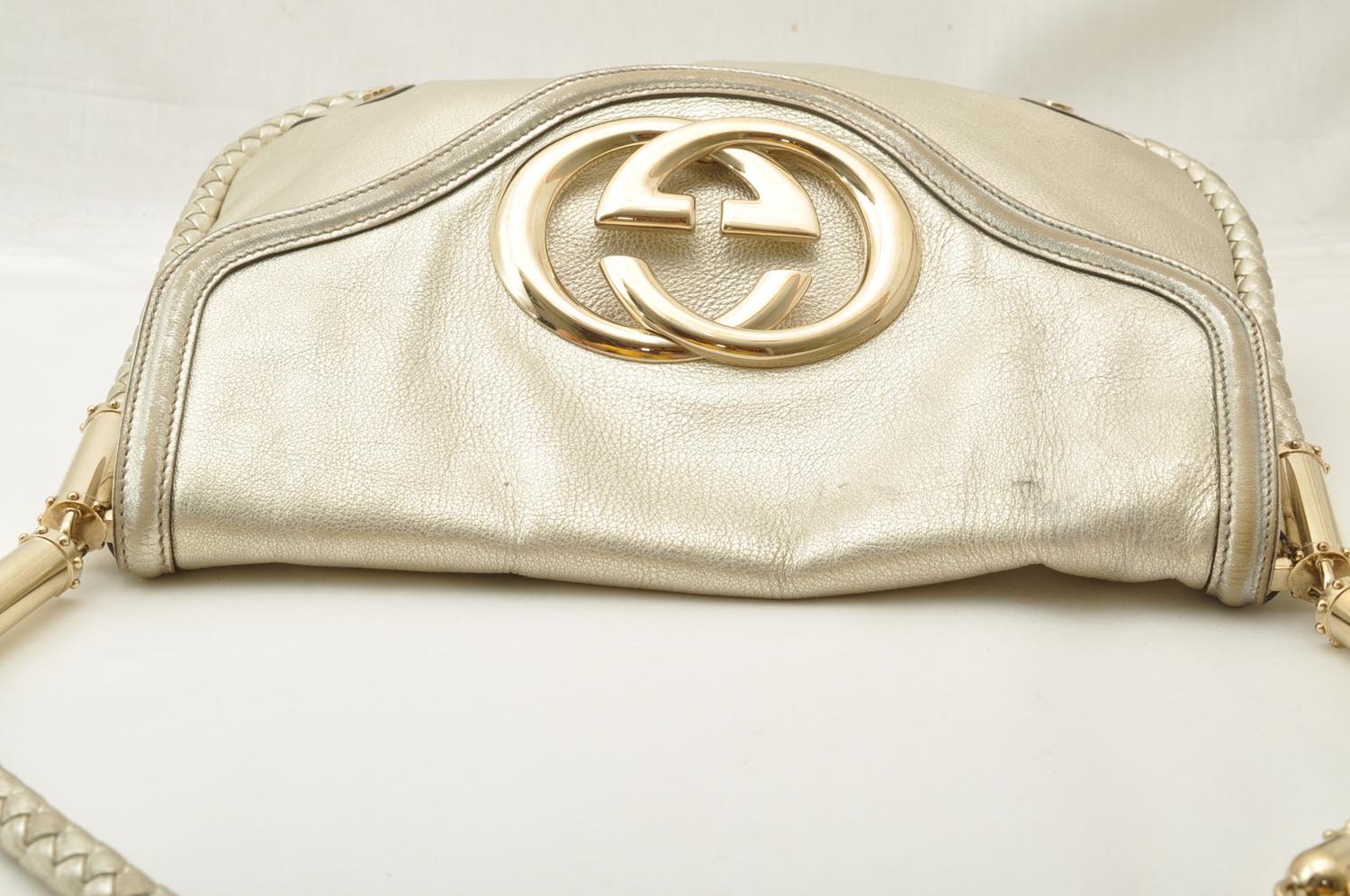 GUCCI Interlocking Fringe Shoulder Bag Leather Champagne Gold 167732 rd106