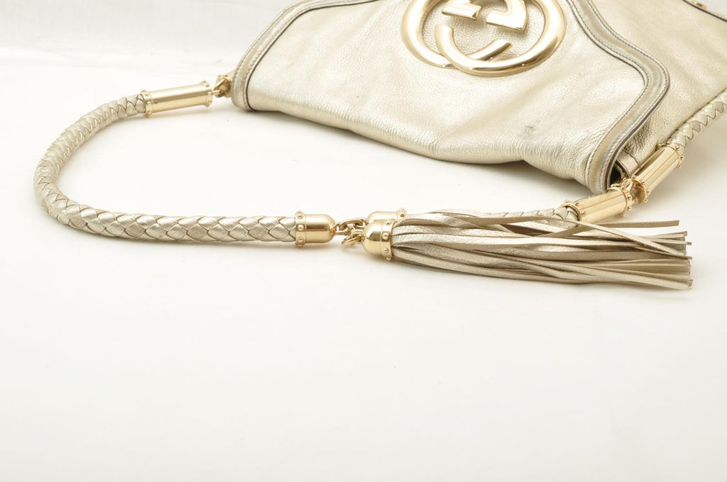 GUCCI Interlocking Fringe Shoulder Bag Leather Champagne Gold 167732 rd106