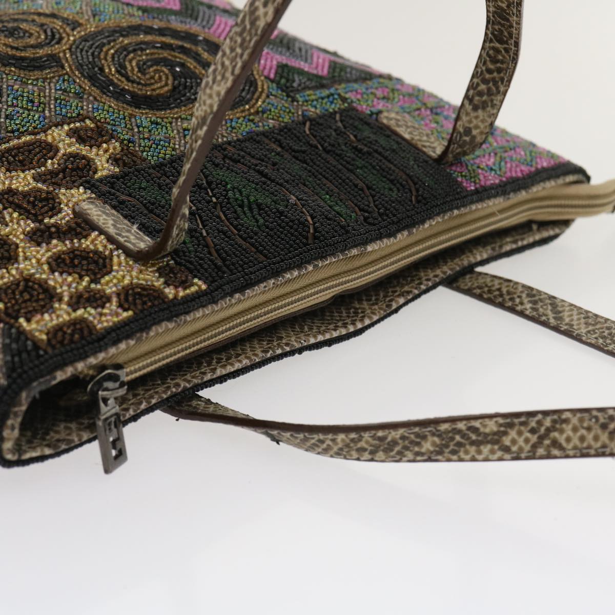 FENDI Beads Hand Bag Black Pink Green rd2074