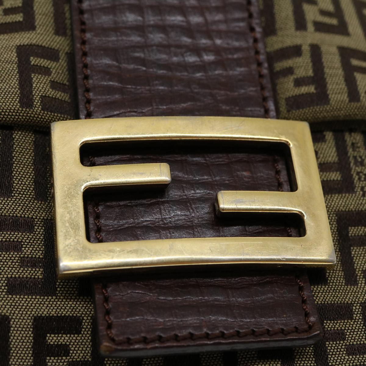 FENDI Zucchino Canvas Mamma Baguette Shoulder Bag Brown Beige rd2096