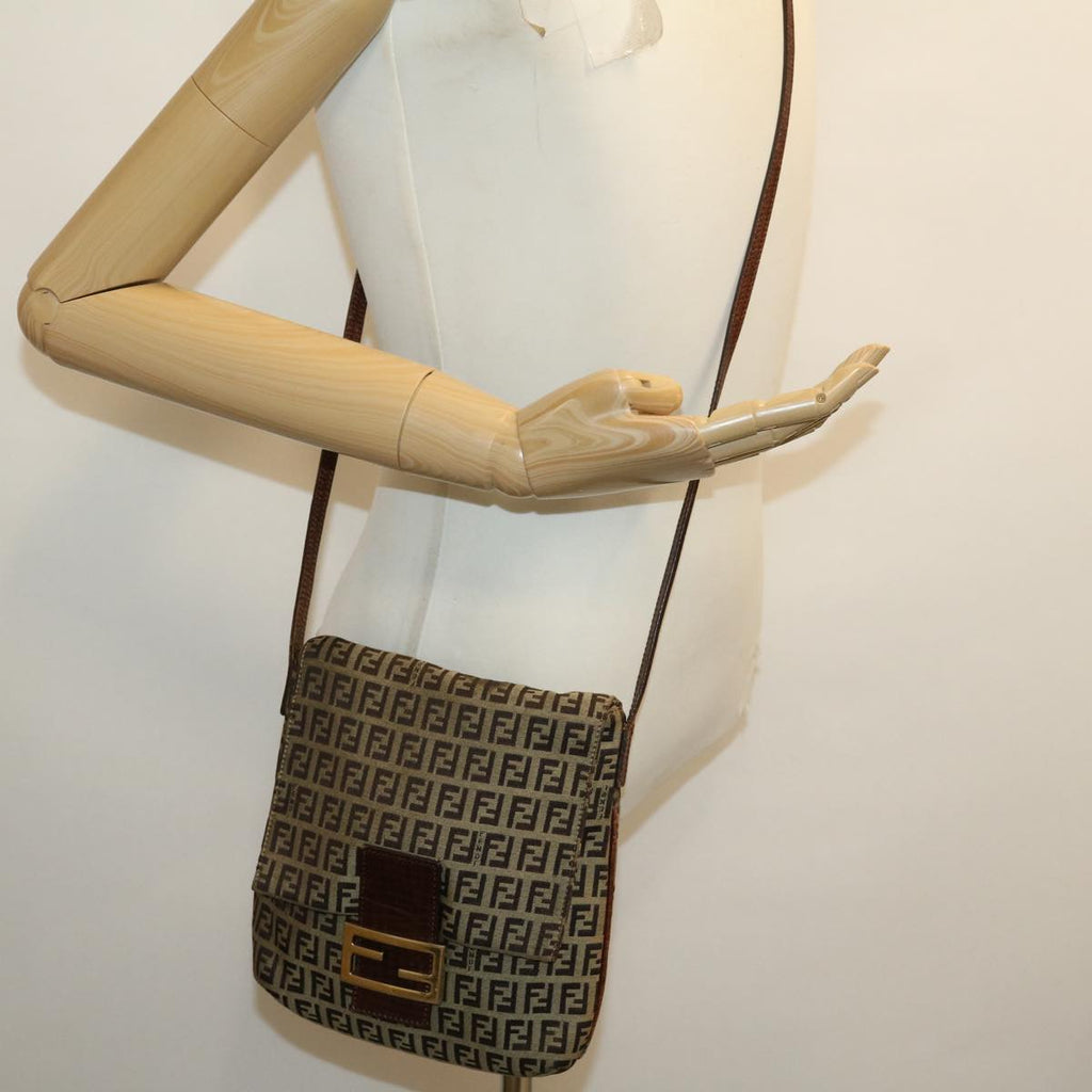 FENDI Zucchino Canvas Mamma Baguette Shoulder Bag Brown Beige rd2096