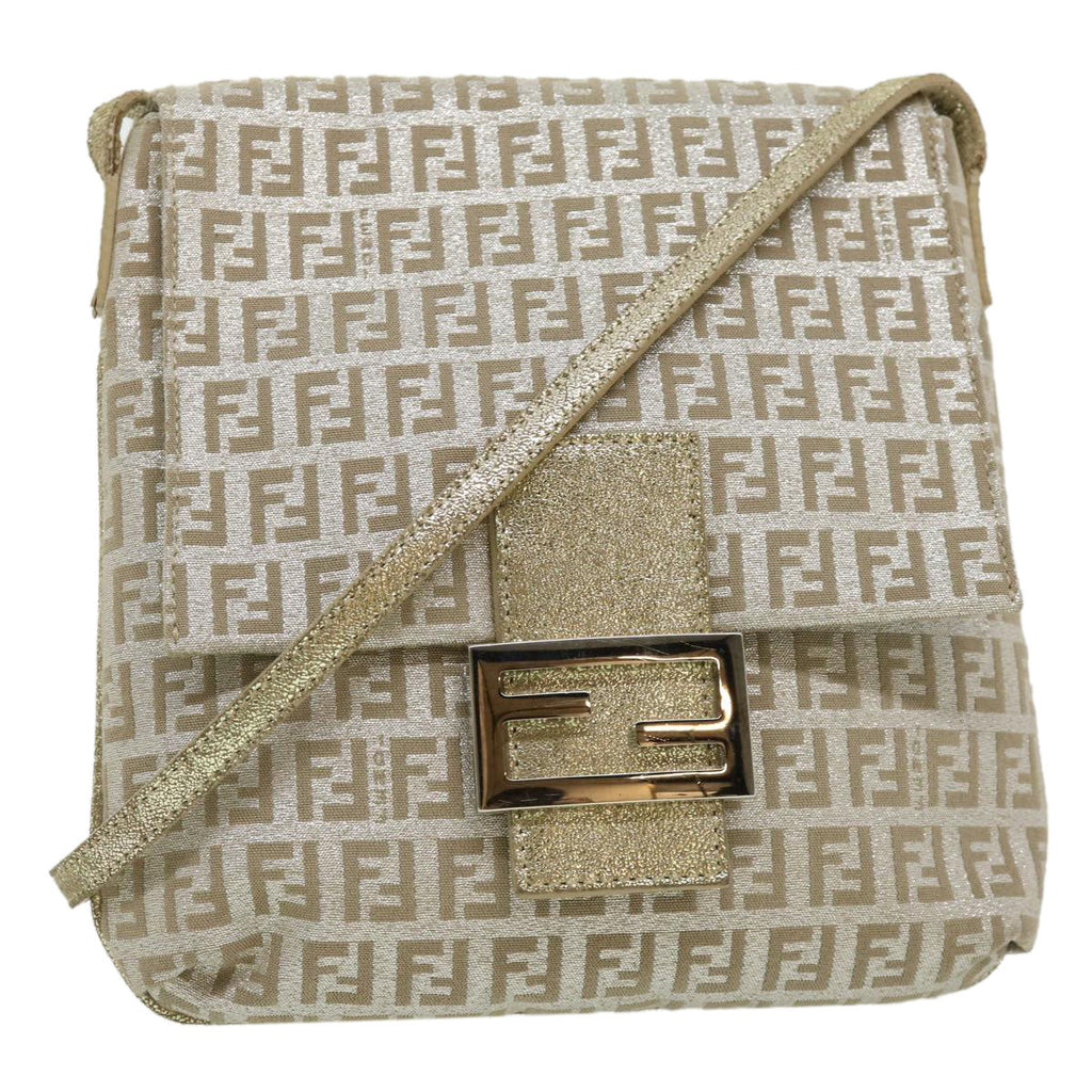 FENDI Zucchino Canvas Shoulder Bag Champagne Gold rd2783