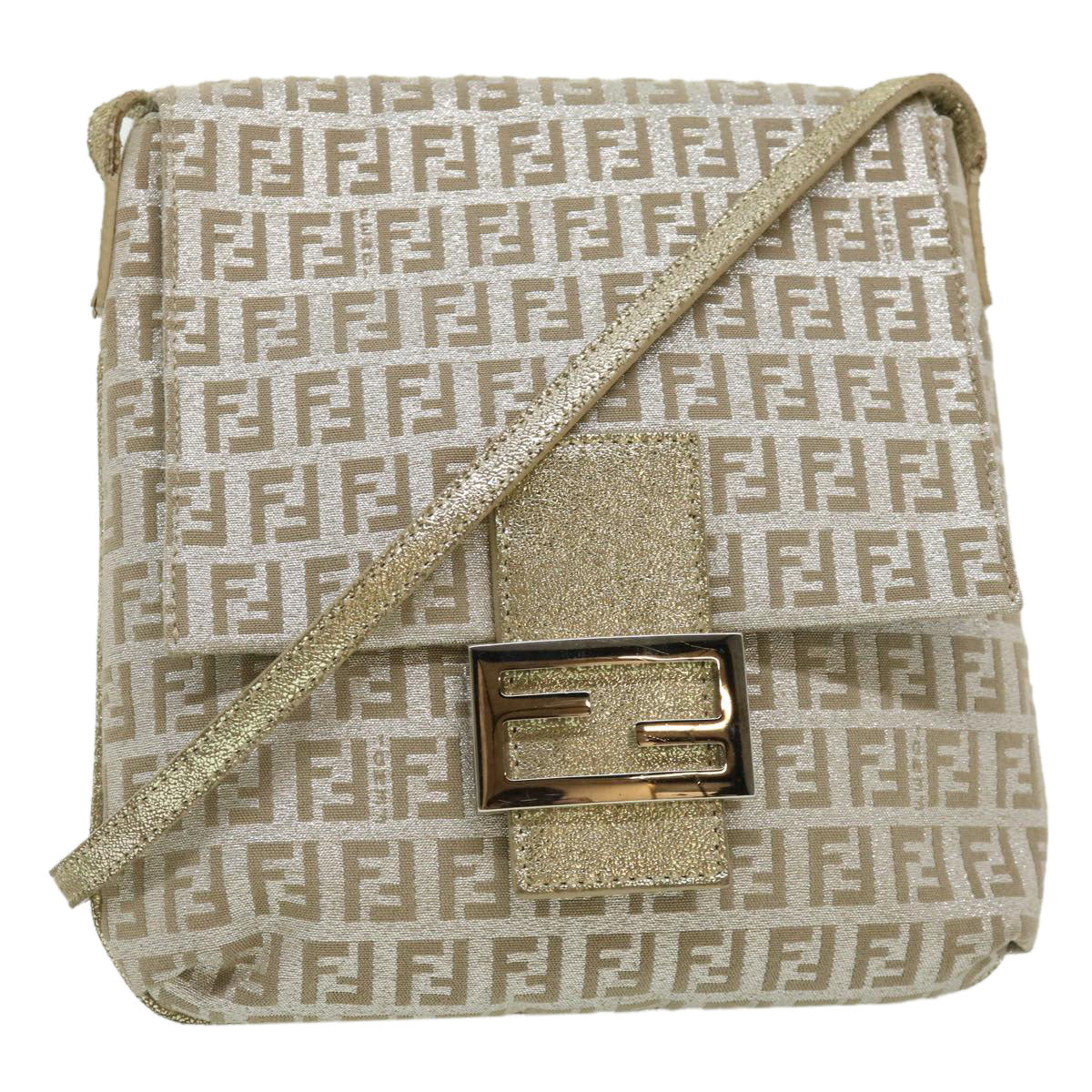 FENDI Zucchino Canvas Shoulder Bag Champagne Gold rd2783