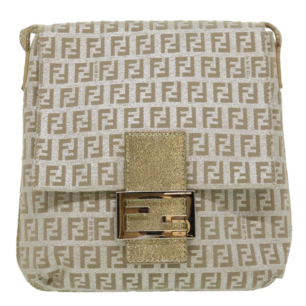 FENDI Zucchino Canvas Shoulder Bag Champagne Gold rd2783