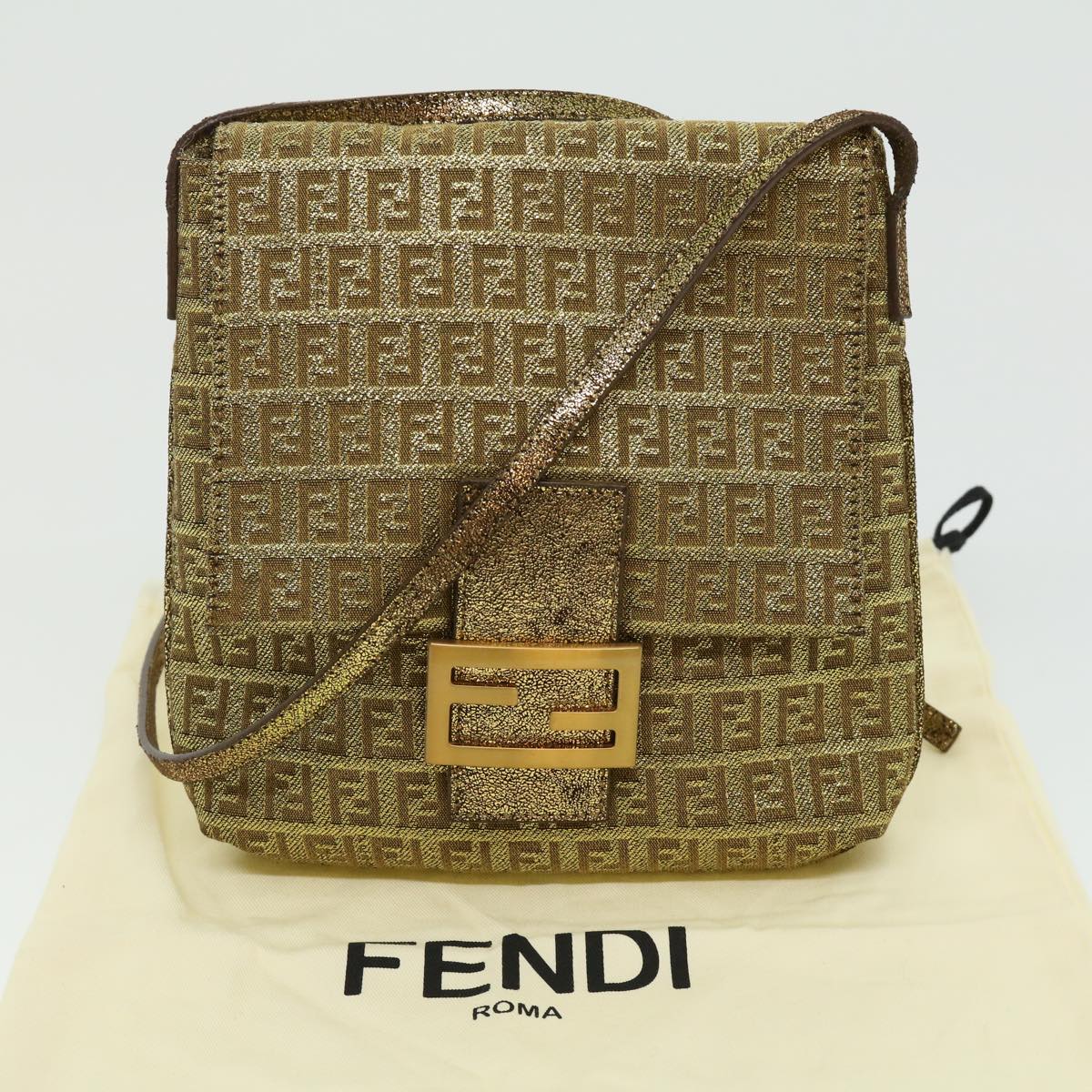 FENDI Zucchino Canvas Shoulder Bag Gold rd2792