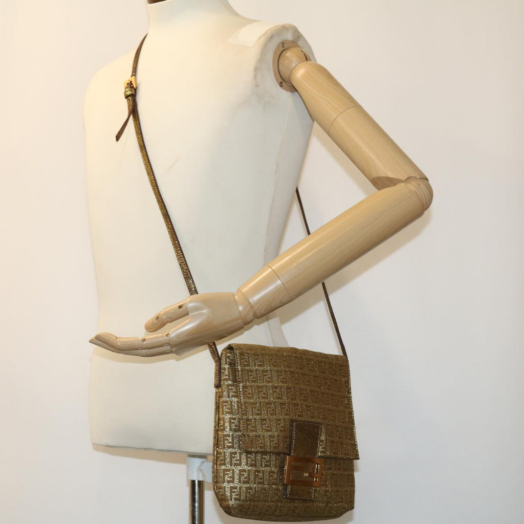 FENDI Zucchino Canvas Shoulder Bag Gold rd2792