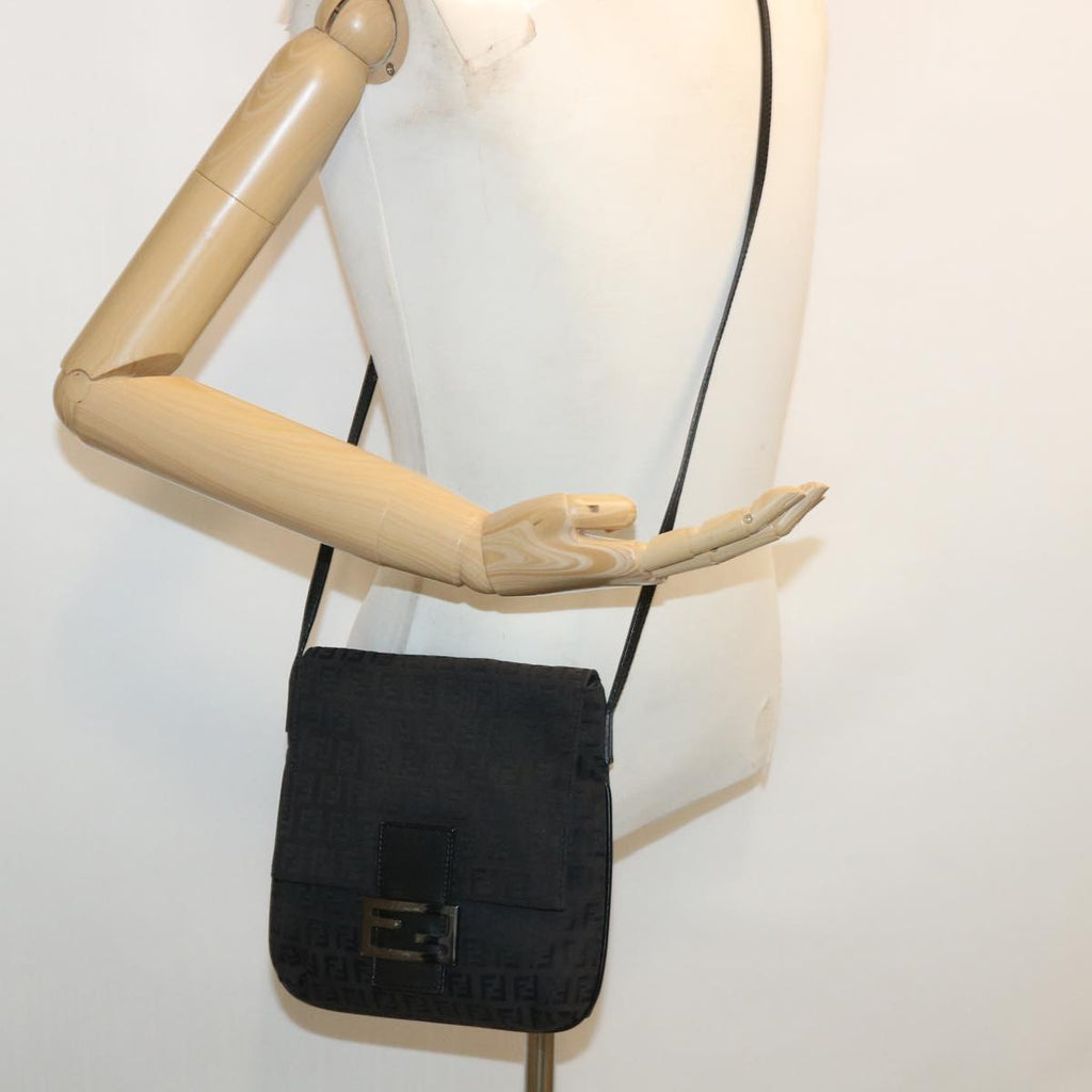 FENDI Zucchino Canvas Mamma Baguette Shoulder Bag Nylon Black rd3006