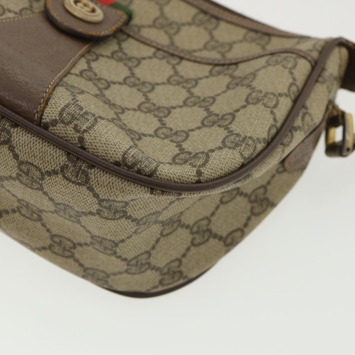 GUCCI Web Sherry Line GG Canvas Shoulder Bag PVC Leather Beige Green rd3958