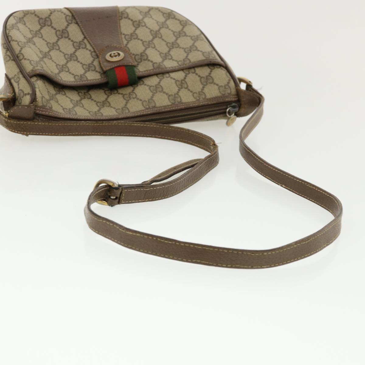 GUCCI Web Sherry Line GG Canvas Shoulder Bag PVC Leather Beige Green rd3958